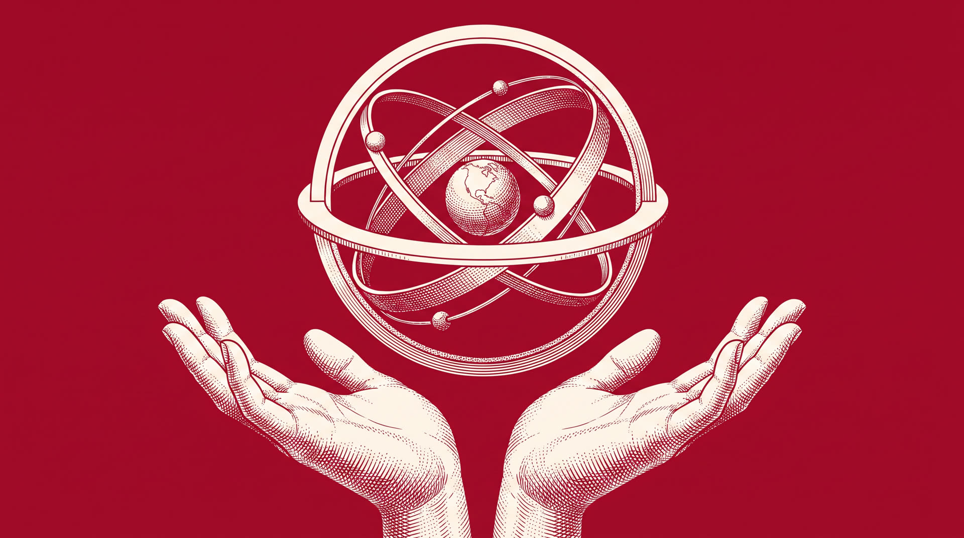 An orrery turning weightlessly above a pair of open hands